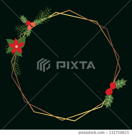 Christmas geometric floral vector wreath, goldt holiday frame with flowers 132758623
