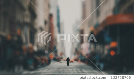 Solitary Pedestrian Walking Down Busy City Street in Blur of Urban Life 132758706