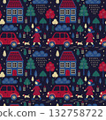 A vibrant seamless pattern featuring a girl walking in the rain with her dog among houses, trees, and cars. It exudes an autumnal atmosphere, minimalist style, rich colors, and the coziness and mood 132758722