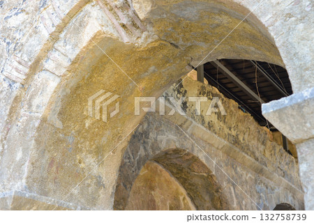 Exterior view of the historic Byzantine-era St. Nicholas Church ,Noel Baba Church, with its stone walls and bell tower, located in Demre, Antalya, Turkey 132758739