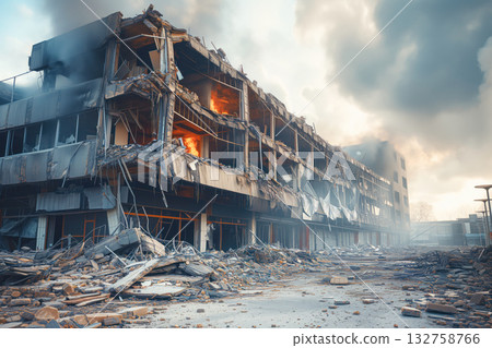 As result of war attacks, multistory buildings were damaged destroyed AI Generative 132758766