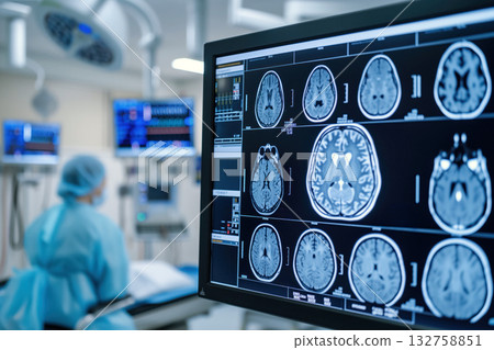 Comatose patient is subjected to tomographic analysis of brain in intensive care unit. AI Generation 132758851