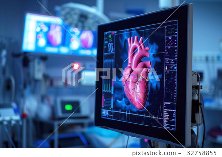 A physician examines patient heart after heart attack using an MRI scan in intensive care unit Generative AI 132758855