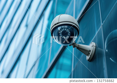 Professional surveillance camera is located in building on city street. Generative AI Professional surveillance camera is located in building on city street. Generative AI 132758882