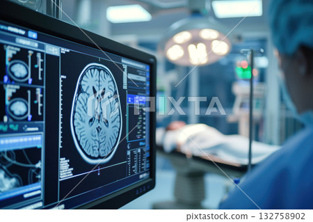 Tomographic analysis of brain is performed on comatose patient in intensive care unit AI Generation Tomographic analysis of brain is performed on comatose patient in intensive care unit AI Generation 132758902