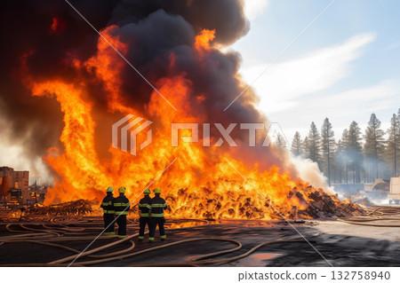 Fire destroys buildings with flames rising from roof in residential home disaster in city. Generative AI 132758940