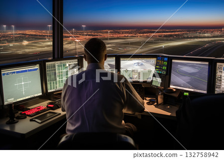Workplace air traffic controllers in an international airport with aircraft taking off and landing 132758942