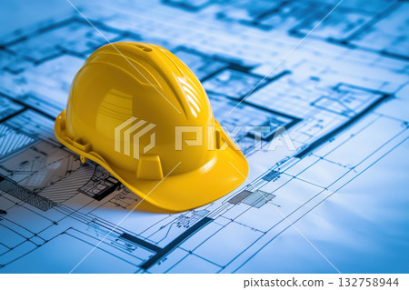 Architect has construction helmet a an architectural blueprint of house on his desk Generative AI Architect has construction helmet a an architectural blueprint of house on his desk Generative AI 132758944