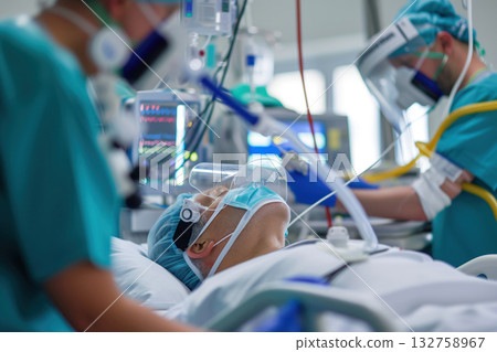 Patient is in comatose during intensive care at an intensive care unit ICU hospital AI Generative Patient is in comatose during intensive care at an intensive care unit ICU hospital AI Generative 132758967
