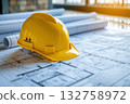Drawing blueprint for an architectural project is shown with a construction helmet in background. Generative AI 132758972