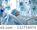 As result of intensive care in intensive care unit of hospital, the patient is comatose AI Generative 132758974
