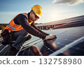 Photovoltaic solar panels are installed on roof of house by technician AI Generative 132758980