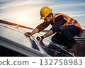 Installation of photovoltaic solar panels on a house roof by technician AI Generative 132758983
