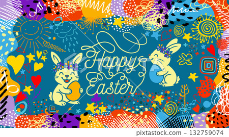 Easter bunnies on a card. Happy Easter. hand drawn. Not AI, Vector illustration Easter bunnies on a card. Happy Easter. hand drawn. Not AI, Vector illustration 132759074