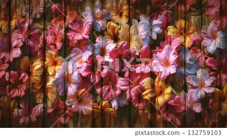Vibrant Floral Bloom Pattern Across Weathered Wooden Planks for Rustic, Colorful Backgrounds and Decor Projects in Photography 132759103