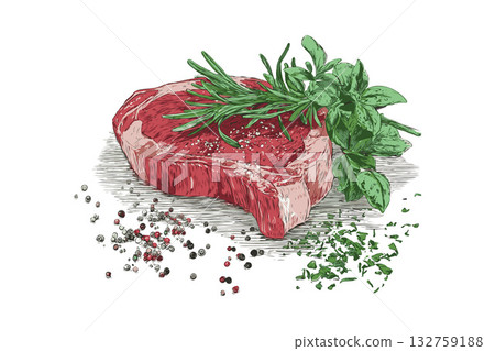 Raw steak with rosemary, basil, parsley, and mixed peppercorns in hand-drawn style on a white background. Concept of gourmet cooking Raw steak with rosemary, basil, parsley, and mixed peppercorns in hand-drawn style on a white background. Concept of gourmet cooking 132759188