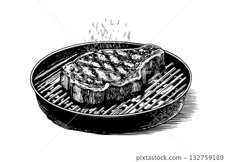 Juicy grilled steak cooking on a round barbecue grill, detailed engraving style, isolated on white background, concept of traditional barbecue Juicy grilled steak cooking on a round barbecue grill, detailed engraving style, isolated on white background, concept of traditional barbecue 132759189