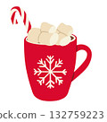 Christmas cocoa drink with marshmallows. Hot chocolate drink mug on white background. Winter season drink doodle illustration 132759223