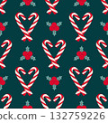 Christmas candy canes seamless pattern on blue. Winter holiday holly berries repeat background. 132759226