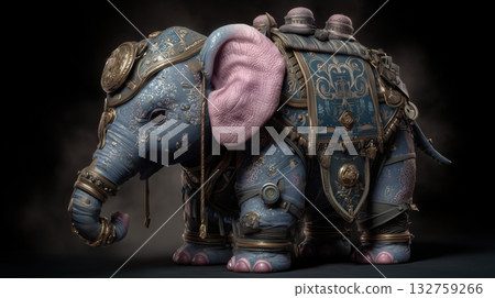 身著華麗藍色盔甲的奇幻大象角色 132759266