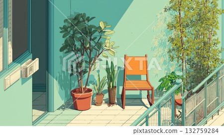 Illustration of a refreshing balcony with chairs surrounded by greenery 132759284