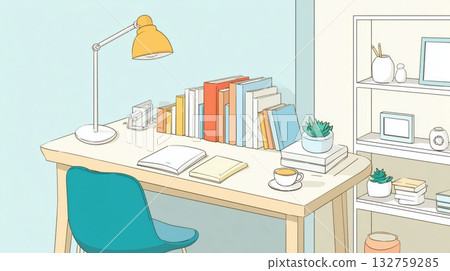 Isometric illustration of a calm study desk with books and a lamp 132759285