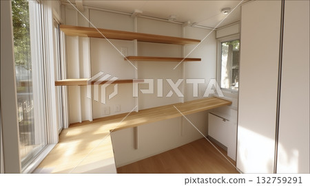 A minimalist space with a wooden folding desk and wall shelves by the window 132759291