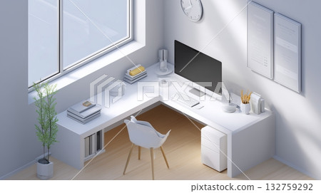 A minimalist workspace with an L-shaped desk in white A minimalist workspace with an L-shaped desk in white 132759292