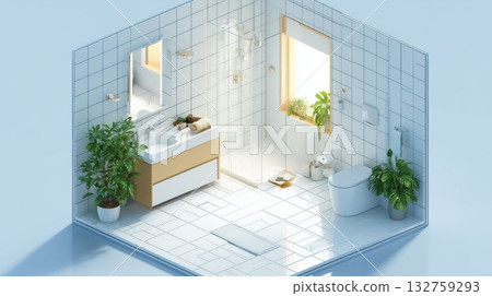 A clean, minimalist bathroom with striking white tiles A clean, minimalist bathroom with striking white tiles 132759293