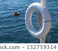 White Lifebuoy On Pole Over Blue Water With Red Buoy In Background - Nautical Safety Image 132759314