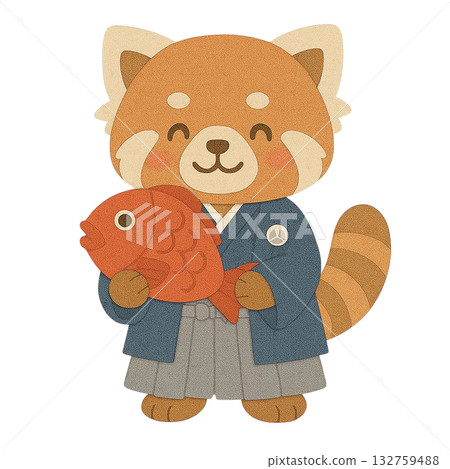 【新年】小熊貓手捧紅鯛魚的插圖 / 冠袴 132759488