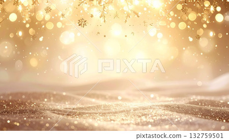 奢華的冬季背景，柔和的光線和金色的顆粒從米色過渡到香檳色。 132759501