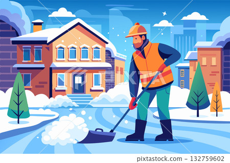 Janitor in work clothes removes snow with a shovel in the street 132759602