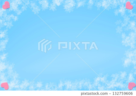 Blue snowflakes frame with pink small hearts by side 132759606