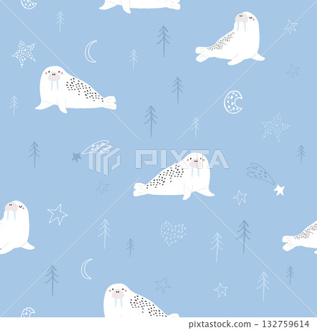 Adorable White Walrus and Stars Background for Kids' Decor. Cute Walrus Seamless Pattern. 132759614