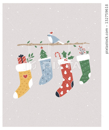 Hanging Christmas Stockings with Bird and Gifts: Cozy Holiday Winter Illustration Hanging Christmas Stockings with Bird and Gifts: Cozy Holiday Winter Illustration 132759618