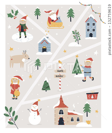 Santa's House Christmas Card Design: Happy Holidays Illustration with Santa Claus and Little Girl. 132759619