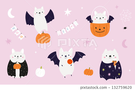Cute Halloween Bats Collection. Adorable Cartoon Vampire Animals, Pumpkins, and Spooky Decorations on Pink Background. Cute Halloween Bats Collection. Adorable Cartoon Vampire Animals, Pumpkins, and Spooky Decorations on Pink Background. 132759620