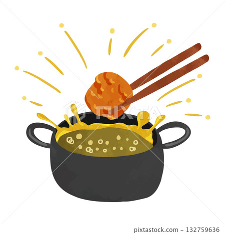 Splashing oil in a frying pan and fried chicken. Watercolor hand-drawn illustration Splashing oil in a frying pan and fried chicken. Watercolor hand-drawn illustration 132759636
