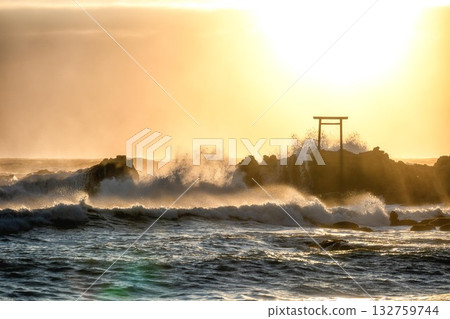 A torii gate towering over the stormy Pacific Ocean 132759744