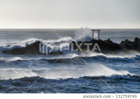 一座鳥居聳立在波濤洶湧的太平洋之上 132759749