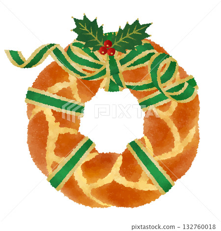 Handmade wreath bun_Stylish Christmas wreath decoration_Green ribbon_Crayon touch 132760018