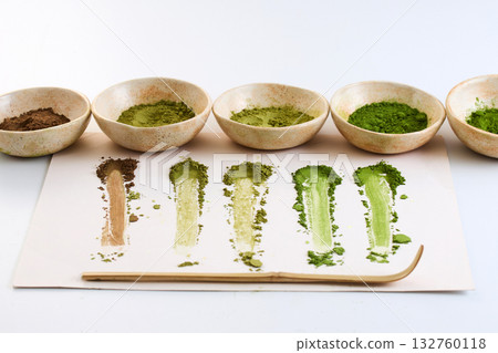 Matcha Ceremony Setup. Ceramic bowls with matcha powder and tools for a traditional tea ceremony 132760118