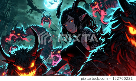 A fiery illustration of a beautiful demon beauty and the beast standing side by side in a blazing flame 132760221