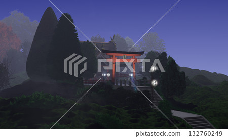 「籠罩在夜霧中的神社」可用作動畫背景。 「籠罩在夜霧中的神社」可用作動畫背景。 132760249