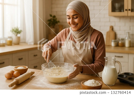 Muslim Woman Cooking in Kitchen 132760414