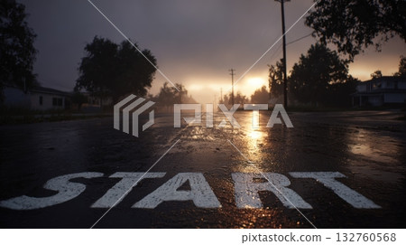Rainy Morning Road with "START" on Wet Asphalt in Cinematic Lighting 132760568
