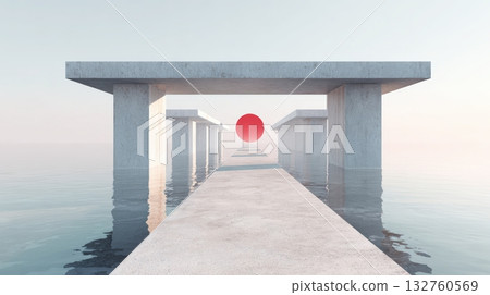 Japanese Flag Above Minimalist Seaport in Morning Haze Japanese Flag Above Minimalist Seaport in Morning Haze 132760569