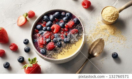 Colorful Smoothie Bowl with Berries, Chia Seeds, and Protein Powder 132760571