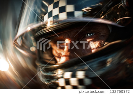 Checkered Flag Reflected in Driver's Visor with Sunlight Glare and Motion Blur 132760572